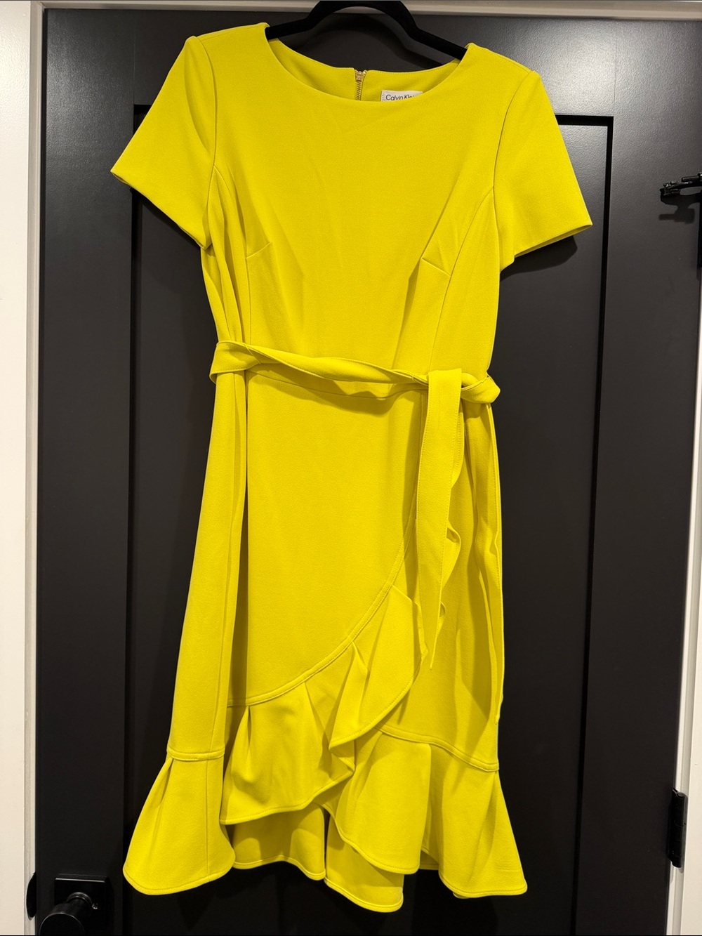 Bright Yellow Ruffle Midi Dress with Waist Tie
